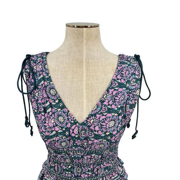 Omika Adaline Top Sleeveless Smocked Peplum Floral Print Blue Pink Green Size XS - Picture 2 of 9